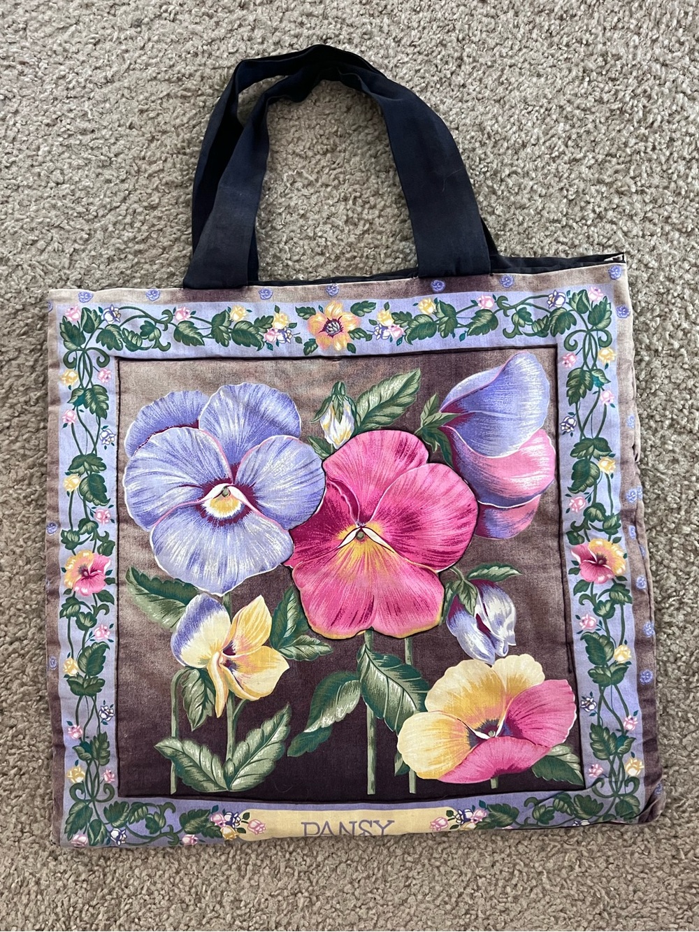 Vintage Pansy Floral Panel Quilt Tote Bag
